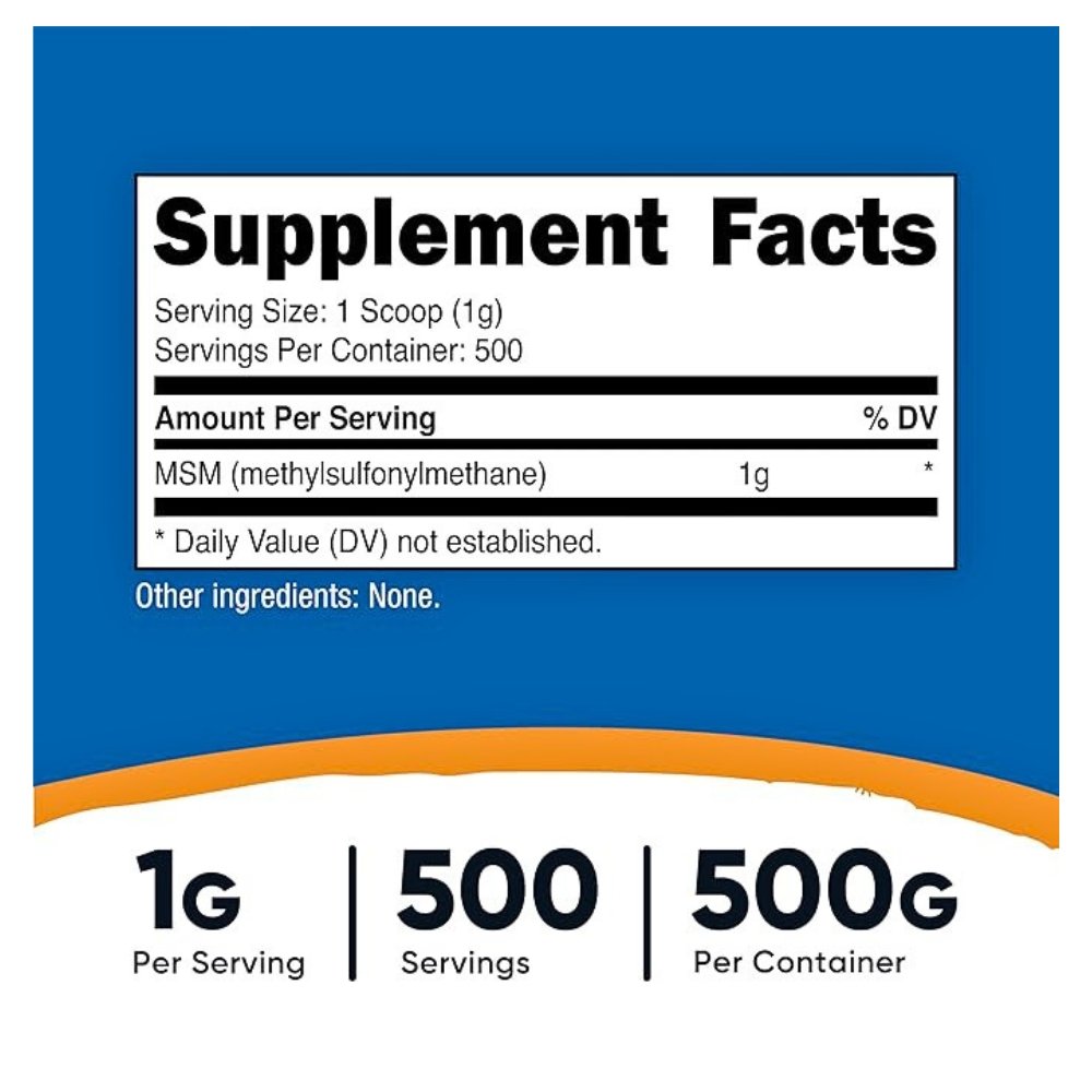 Nutricost Pure MSM Powder For Men & Women, 3000MG. Supports Hair, Skin, Nails, Joint Health, & Mobility, 500G. Exp: 12/2028 - Image 2
