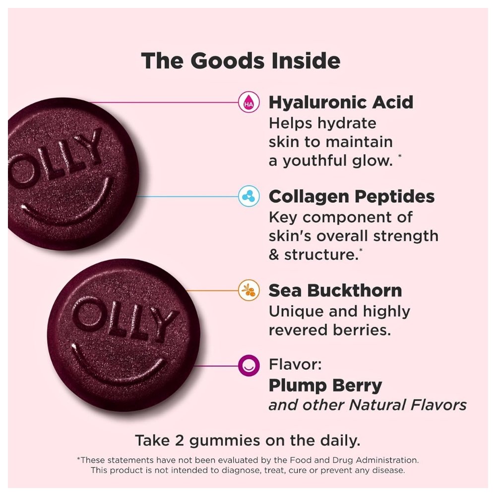 OLLY Glowing Skin With Hyaluronic Acid, Collagen Peptides, Sea Buckthorn, For Hydrated, Youthful, Glowing Skin, 50 Gummies, Plump Berry Flavor, Exp: 06/2027 - Image 3