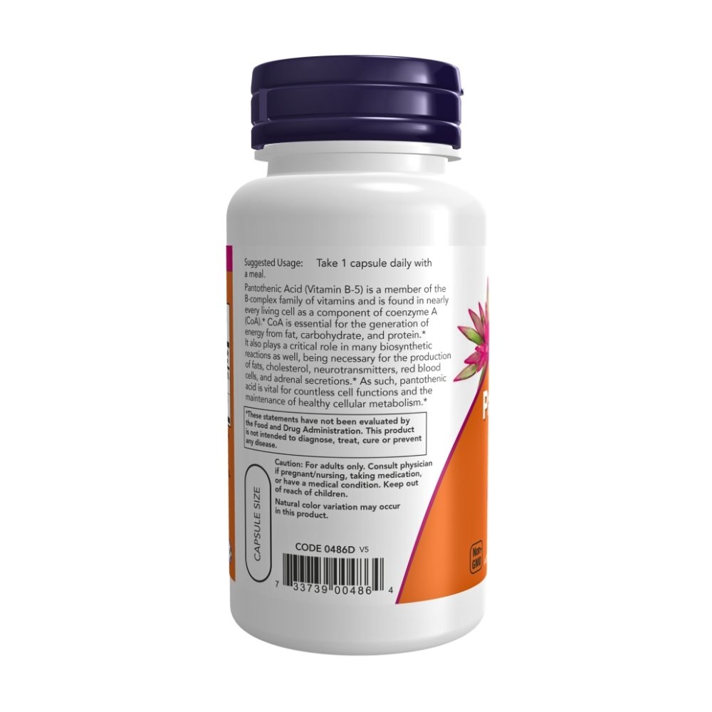NOW Foods Pantothenic Acid (Vitamin B-5) 500 mg, B-Complex Vitamin. For Energy, Skin & Hair Health Exp: 01/2029 - Image 3