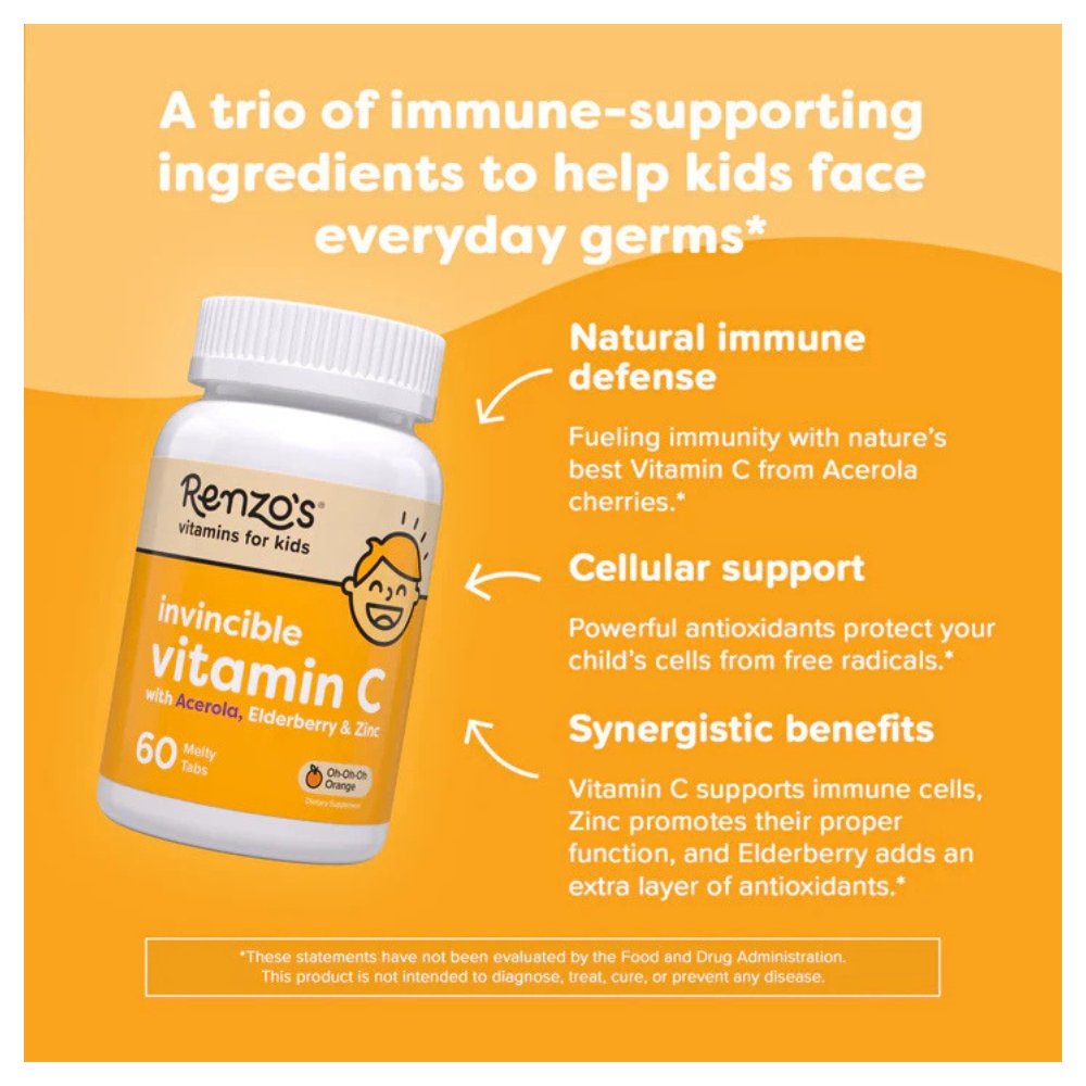 Renzo's Invincible Kids Vitamin C with Elderberry, Vitamin C & Zinc, For Immune Support, 60 Sugar-Free Melty Tabs, Orange Flavor Exp: 09/2027 - Image 4