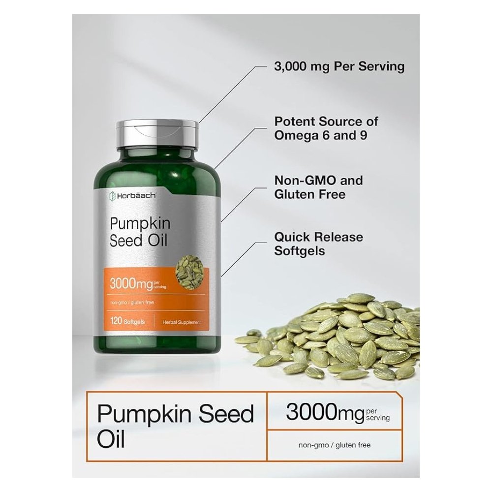 Horbäach Pumpkin Seed Oil 3000mg, Cold Pressed Essential Fatty Acids with Omega 6&9. Hair, Heart & Urinary Health Formula 120 Softgels Exp: 06/2028 - Image 3