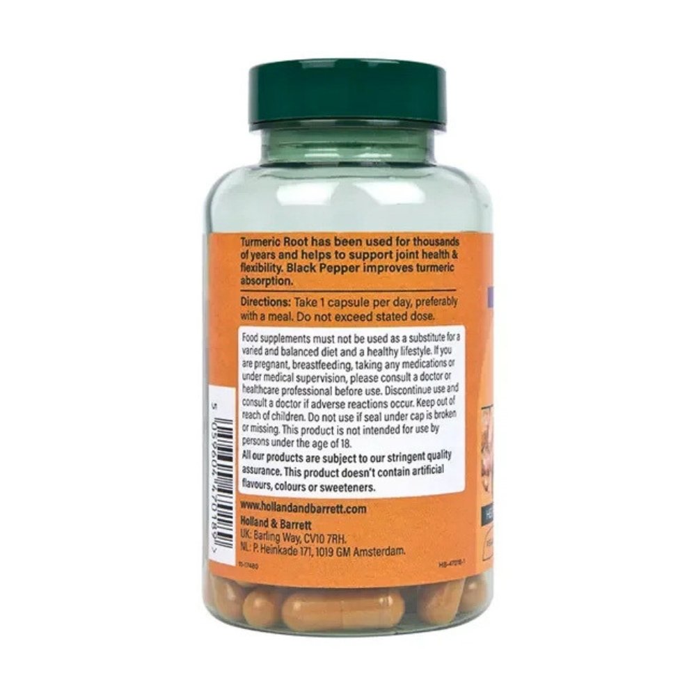 Holland & Barrets (H&B) Turmeric 600mg, with Black Peppper. For Joint & Mobility Support Formula-90 Capsules Exp: - Image 3