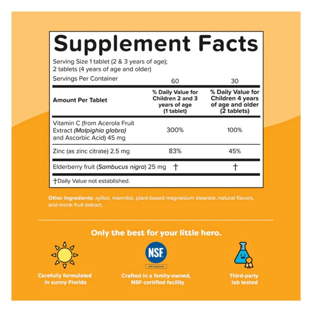 Renzo's Invincible Kids Vitamin C with Elderberry, Vitamin C & Zinc, For Immune Support, 60 Sugar-Free Melty Tabs, Orange Flavor Exp: 09/2027 - Image 2