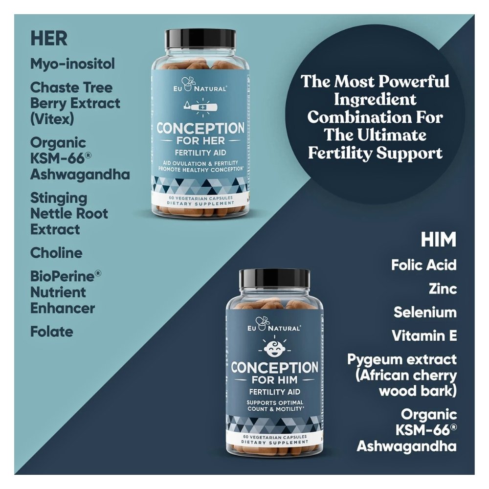 EU Natural Conception for Him & Her Bundle, Advanced Fertility Support for Couples, For Hormonal Balance, Cycle & Ovulation Support + Sperm Count, Motility & Strength - 120 Vegetarian Capsules Exp: - Image 4