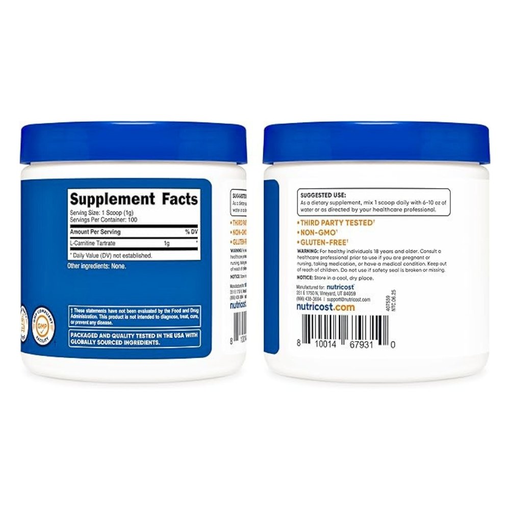 Nutricost L-Carnitine Tartrate Powder, 1000MG . For Antioxidant, Immune, Collagen Support, 100G. Exp: 12/2028 - Image 4