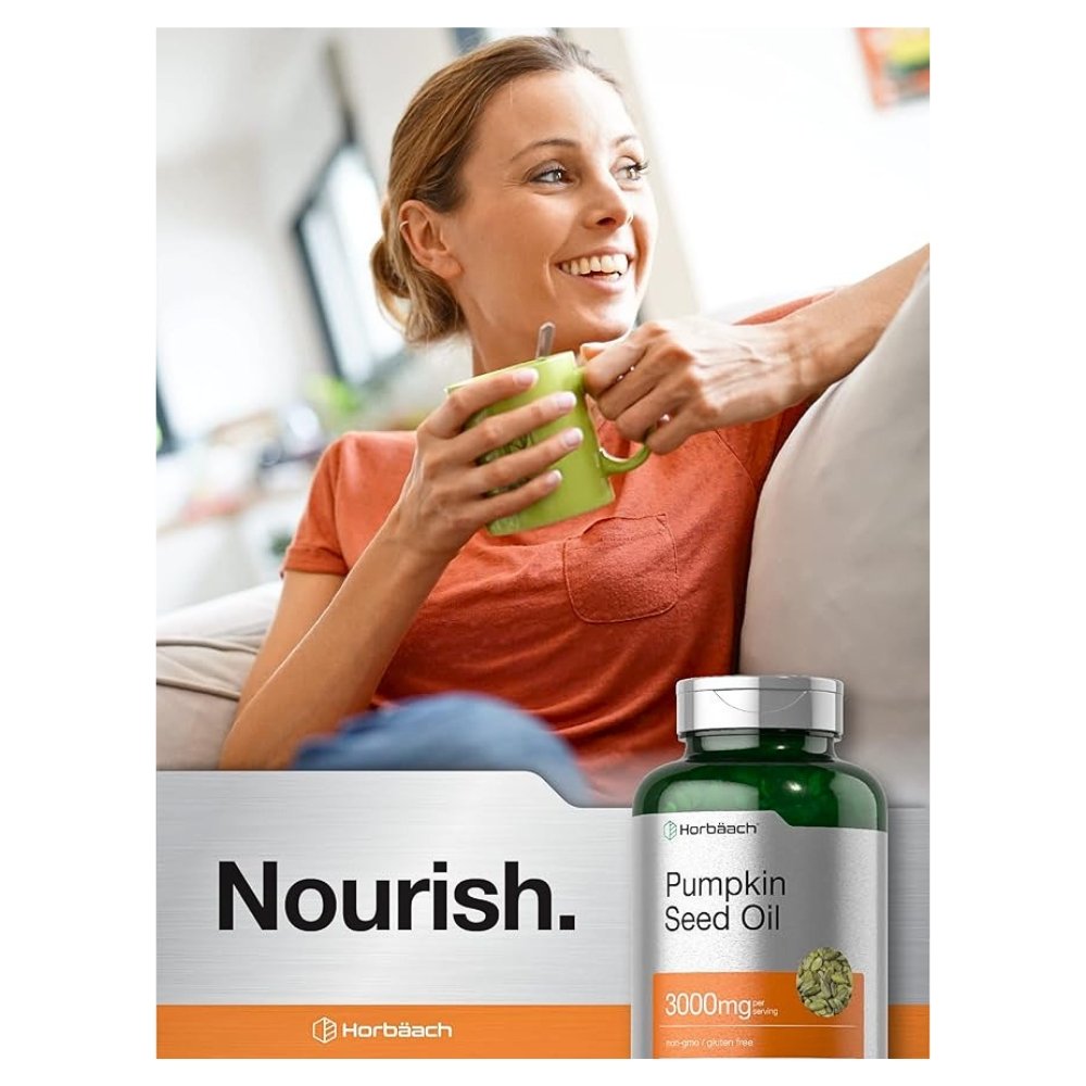 Horbäach Pumpkin Seed Oil 3000mg, Cold Pressed Essential Fatty Acids with Omega 6&9. Hair, Heart & Urinary Health Formula 120 Softgels Exp: 06/2028 - Image 4