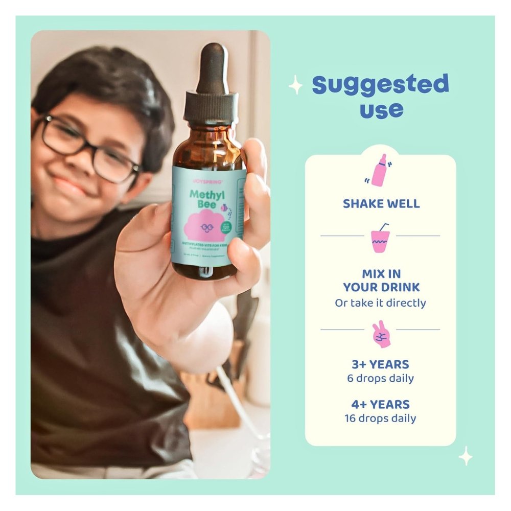 JoySpring MethylBee, Methylfolate Plus Methyl B12 Liquid Drops for Kids Ages 3+. Support for MTHFR, Mood, Behavior, Cognition, Organic Berry Flavor, 30mls Exp: 12/2027 - Image 3