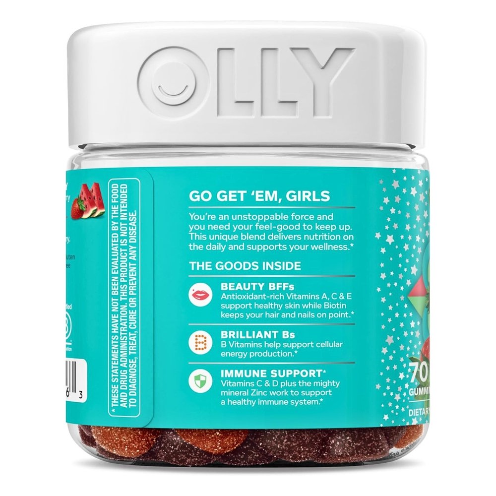 OLLY Teen Girl Multi Gummy, With 15 Essential Vitamins. For Healthy Skin & Immune Support, Berry Melon Flavor, 70 Count, Exp: 05/2027 - Image 4