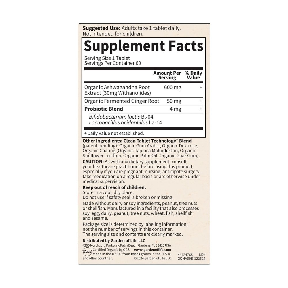 Garden of Life Organic Ashwagandha with Probiotics & Ginger. Adaptogen For Stress, Mood & Energy Support, 60 Tablets. Exp: 08/2027 - Image 6