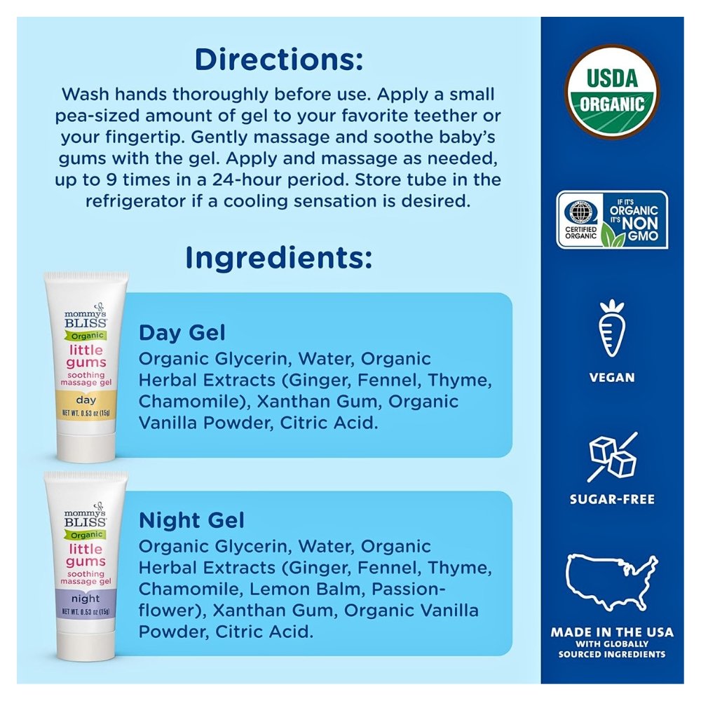 Mommy's Bliss Organic Little Gums Soothing Massage Gel, Day & Night Combo, Great for Teething Babies, Age 2 Months+, Sugar Free, Mild & Sweet Flavor, 2 *15ml Tubes Exp: 11/2027 - Image 6