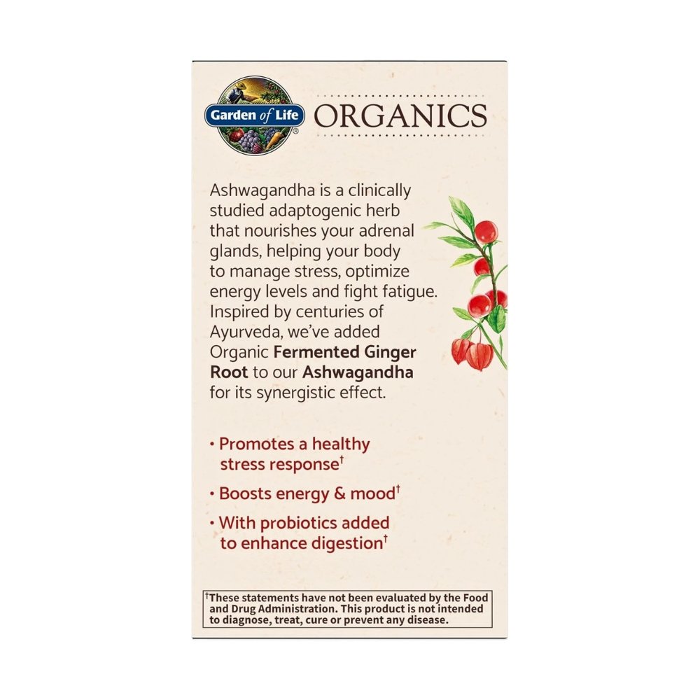 Garden of Life Organic Ashwagandha with Probiotics & Ginger. Adaptogen For Stress, Mood & Energy Support, 60 Tablets. Exp: 08/2027 - Image 2