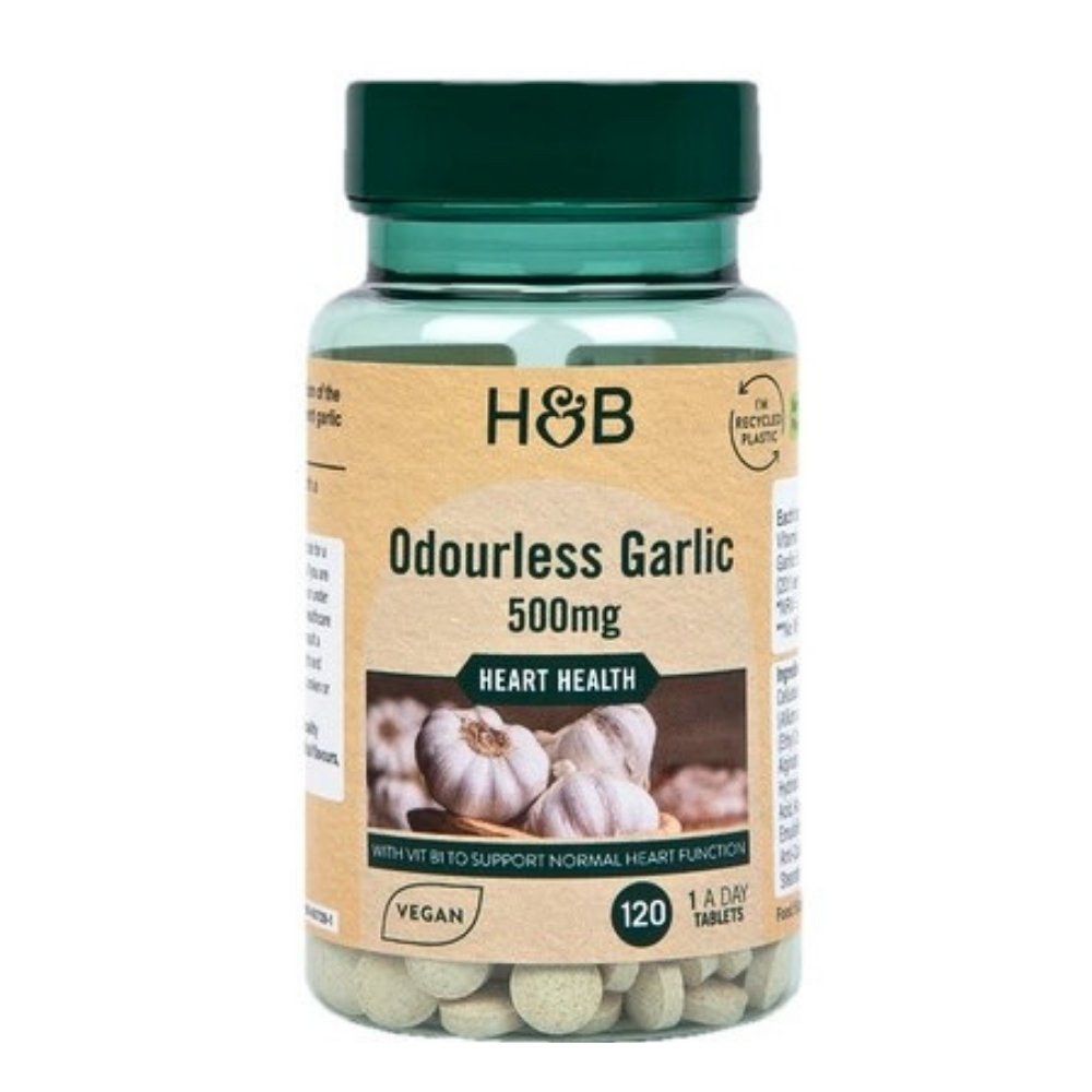 Holland & Barrett (H&B) Odourless Garlic, 500mg. Natural Immune & Heart Support- 120 Tablets Exp:
