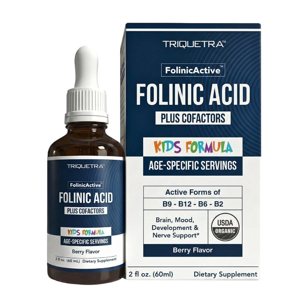 Triquetra Folinic Acid, Biologically Active Form of Folate, B2, B6 B12,1360mcg. Supports Speech, Focus, Behaviour, Heart, Brain Health & Energy --60 mls Exp:11/27