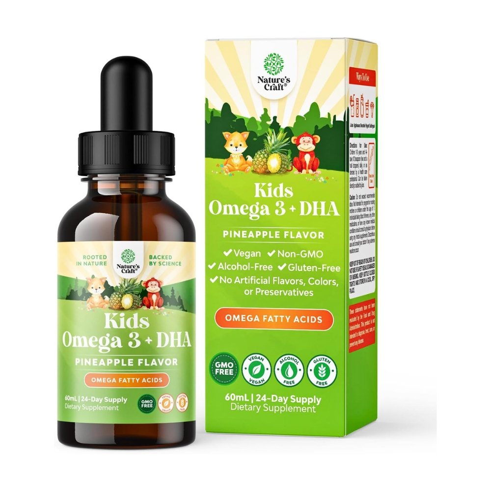 Nature's Craft Children’s DHA, Omega-3 with EPA DHA & ALA. For Brain, Eyes, Nerve Development & Focus Support, Pineapple Flavour. 60mls Exp: 04/2028