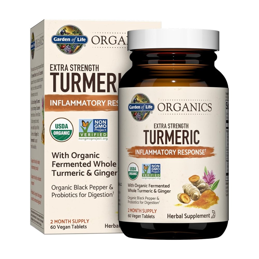 Garden of Life Organics Extra Strength Turmeric With Probiotics, Curcumin, Ginger Root & Black Pepper. For Gut, Antinflammatory & Antioxidant Support, 60 Tablets Exp: 02/2027