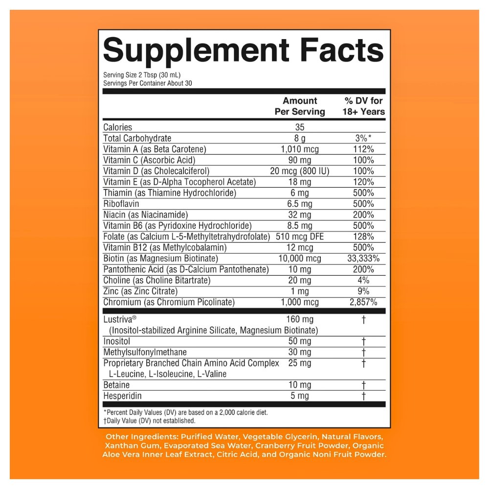 Mary Ruth's Liquid Multivitamin With Lustriva & Biotin 10000mcg. For Thicker Hair, Smoother Skin & Fewer Wrinkles, 450mls, Peach mango flavour. Exp: 11/2027. - Image 2