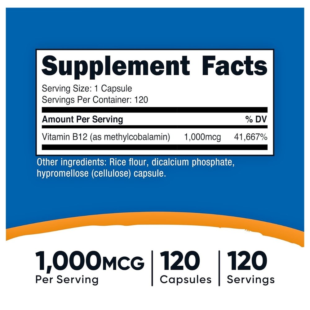 Nutricost Methylcobalamin (Vitamin B12), 1000mcg. For Low Energy & Fatigue, Nerve Support, 120 Capsules Exp: 12/2028 - Image 4