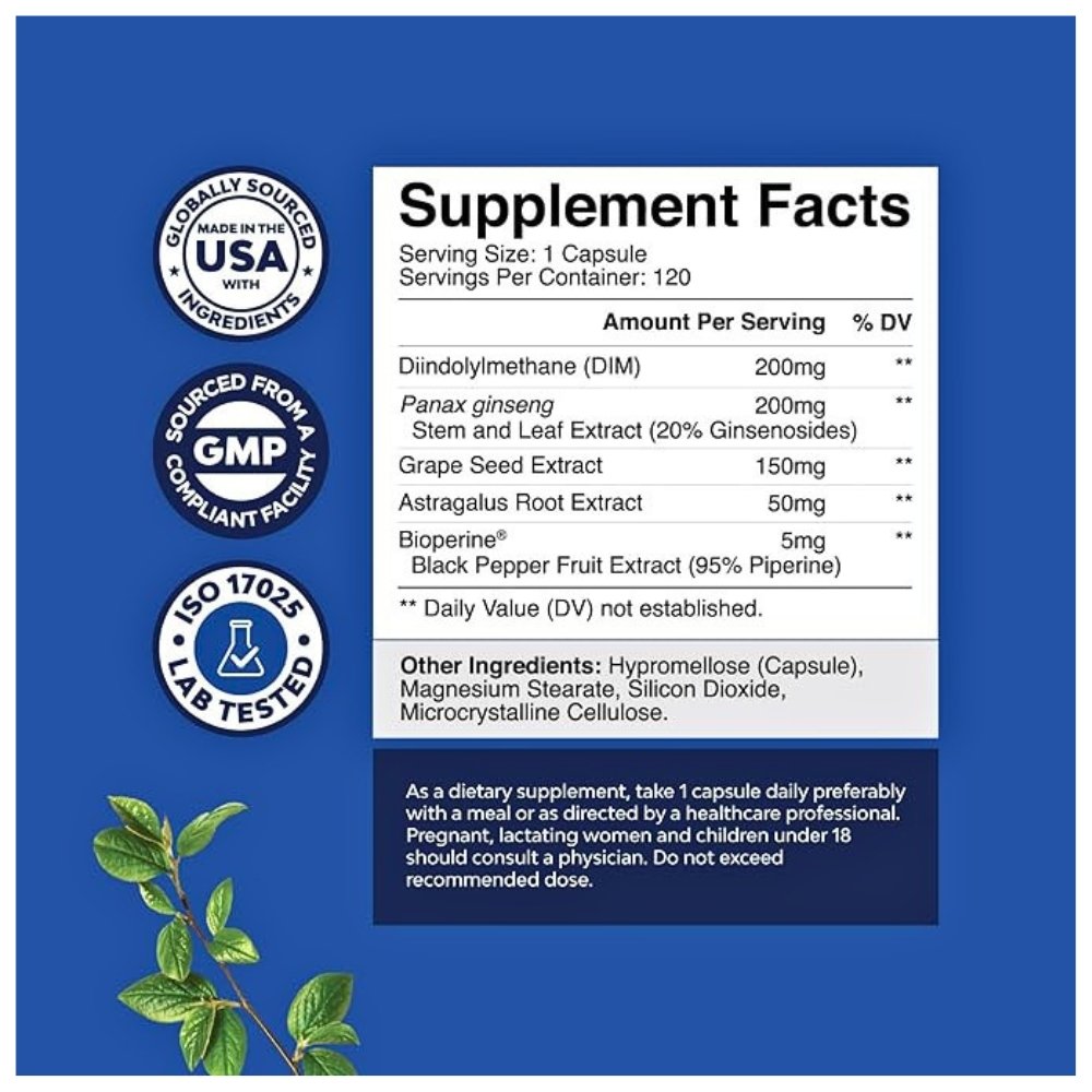 Natures Craft Diindolylmethane (DIM) Plus BioPerine, Ginseng & Grapeseed, 300MG. Support For Healthy Estrogen Balance & Wellness. 120 Capsules Exp: 07/2028 - Image 2
