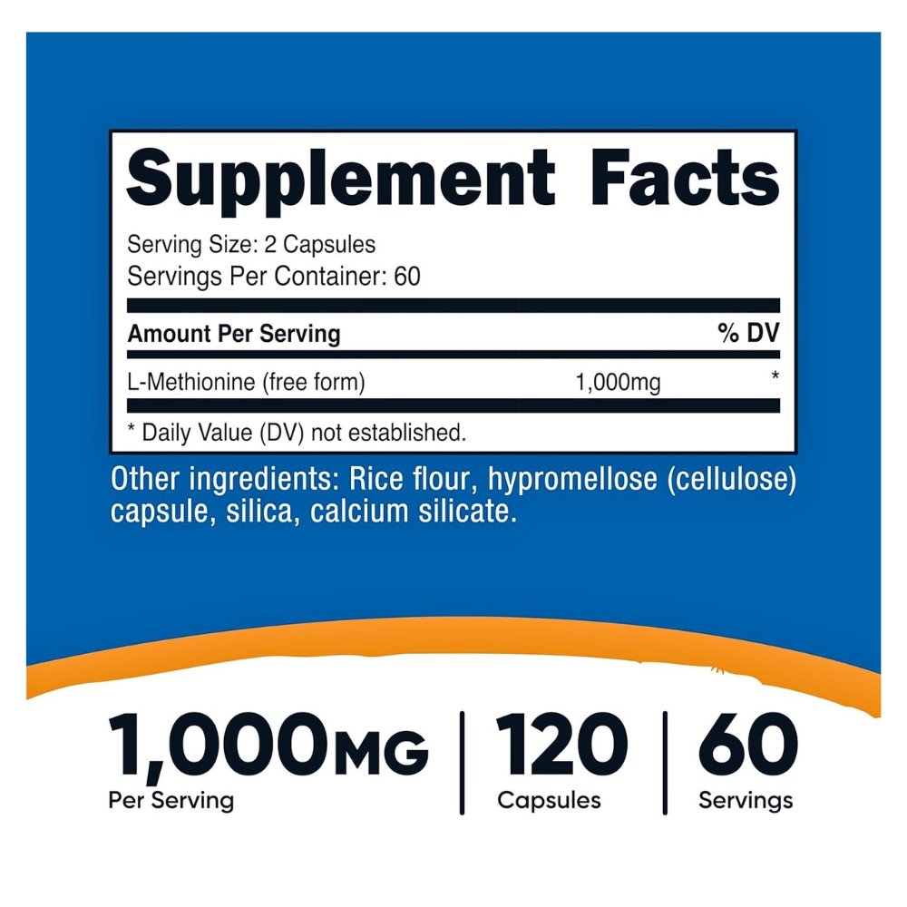 Nutricost L-Methionine, 1000MG. For Detox, Liver Health & Antioxidant Support 120 Capsules Exp: 01/2029 - Image 2
