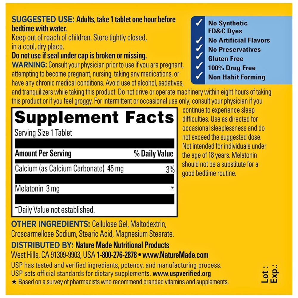 Nature Made Melatonin 3mg Sleep Aid for Adults, 120 Tablets Exp: 05/2028 - Image 2