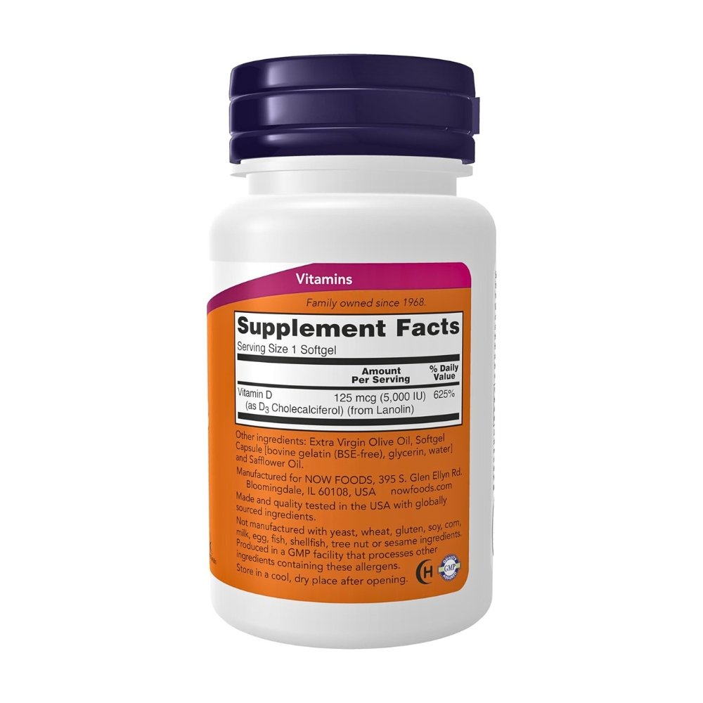 Now Foods Vitamin D3, 5,000IU. For Immune, Bone Support, Overall Wellness, 120 Softgels Exp: 12/29 - Image 2