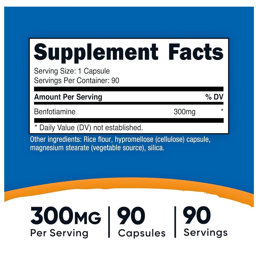 Nutricost Benfotiamine 300mg, Fat Soluble, Bioavailable, Activated Form Of Thiamine (Vitamin B1), For Nerve Health, Energy, Cardiovascular Support. - 90 Capsules |3 Months Supply| Exp: 10/2029 - Image 2