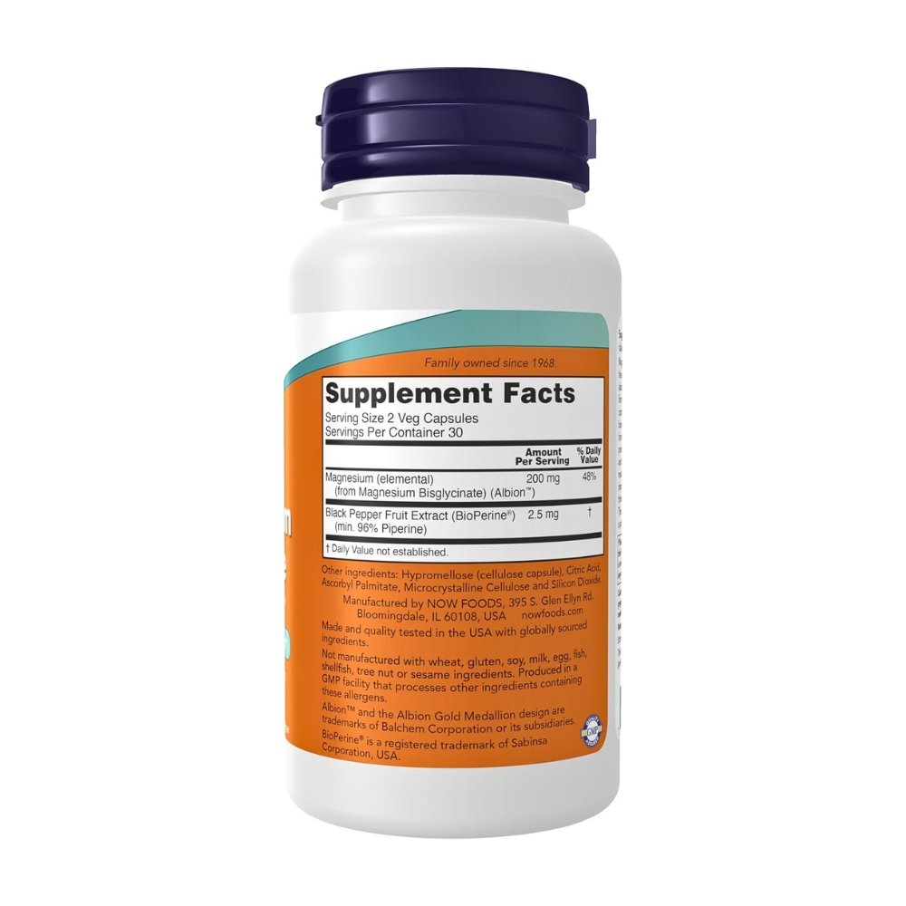 Now Foods Magnesium Glycinate With Bioperine, 200MG. For Blood Pressure Control, Restful Sleep, Bone Health, 60 Capsules. Exp: 01/2028 - Image 2