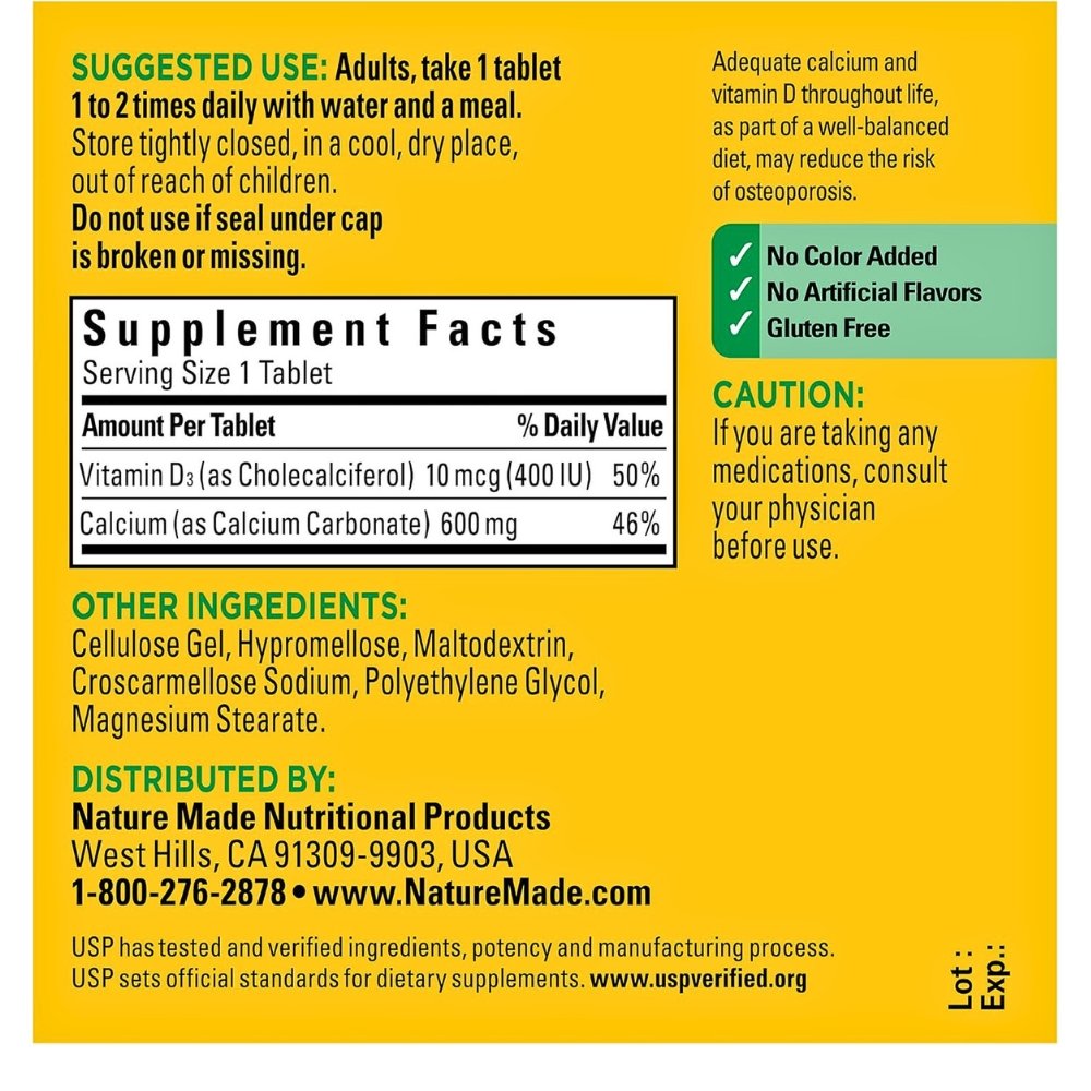 Nature Made Calcium & Vitamin D3, 600MG with 400IU. Support For Bone Health, Strong Teeth, Muscle & Nerve Function, 60 Tablets Exp:10/2028 - Image 2