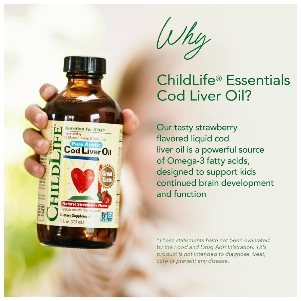 ChildLife Essentials Cod Liver Fish Oil With DHA, EPA, Omega-3 Fatty Acid For Kids. From Babies 6+ Months, For Brain Development, Immunity- Strawberry Flavor, 8 fl oz Exp: - Image 3