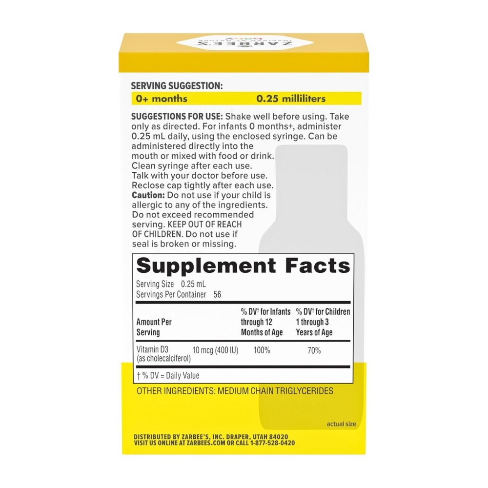 Zarbee's Baby& Toddler Vitamin D3 Drops, Unflavored 400 IU Vitamin D3. For Healthy Bones, Immune System Support, Normal Sleep Rhythms Exp: 11/2027 - Image 3