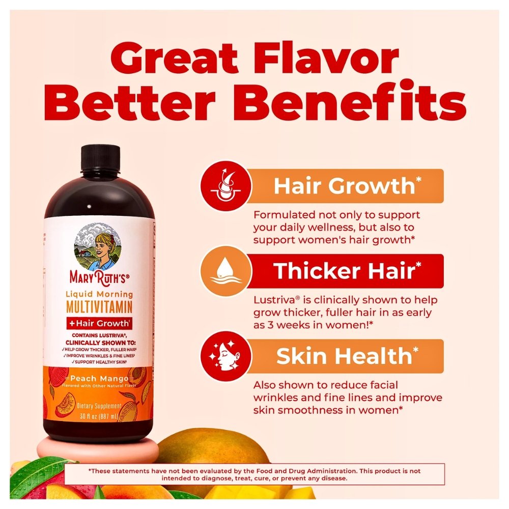 Mary Ruth's Liquid Multivitamin With Lustriva & Biotin 10000mcg. For Thicker Hair, Smoother Skin & Fewer Wrinkles, 450mls, Peach mango flavour. Exp: 11/2027. - Image 4