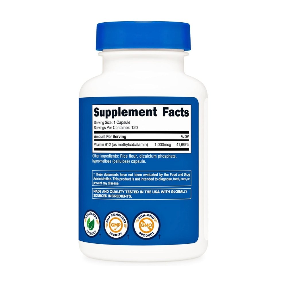 Nutricost Methylcobalamin (Vitamin B12), 1000mcg. For Low Energy & Fatigue, Nerve Support, 120 Capsules Exp: 12/2028 - Image 2