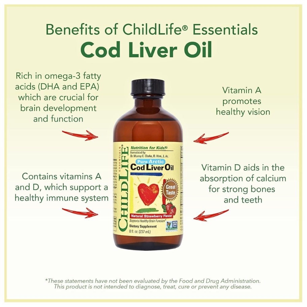 ChildLife Essentials Cod Liver Fish Oil With DHA, EPA, Omega-3 Fatty Acid For Kids. From Babies 6+ Months, For Brain Development, Immunity- Strawberry Flavor, 8 fl oz Exp: - Image 4