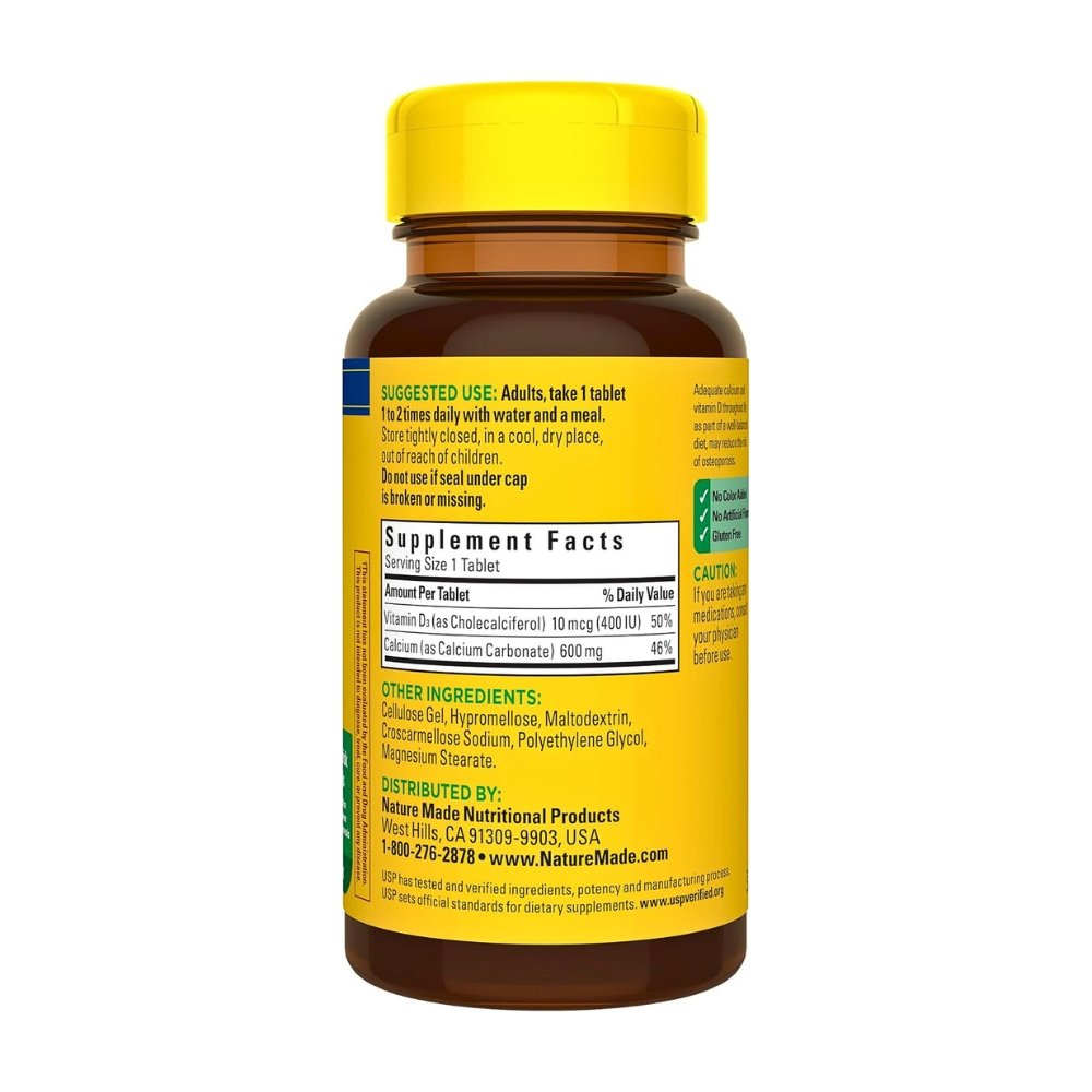 Nature Made Calcium & Vitamin D3, 600MG with 400IU. Support For Bone Health, Strong Teeth, Muscle & Nerve Function, 60 Tablets Exp:10/2028 - Image 4