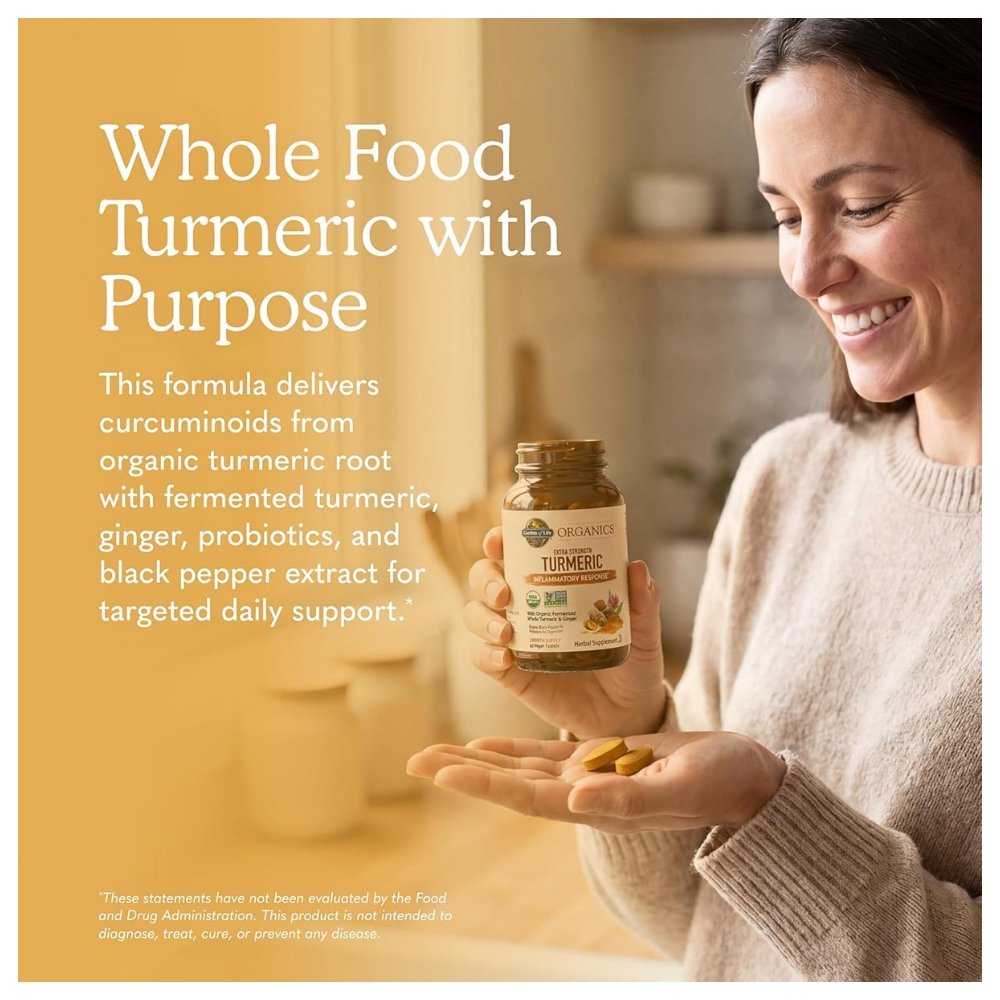 Garden of Life Organics Extra Strength Turmeric With Probiotics, Curcumin, Ginger Root & Black Pepper. For Gut, Antinflammatory & Antioxidant Support, 60 Tablets Exp: 02/2027 - Image 4