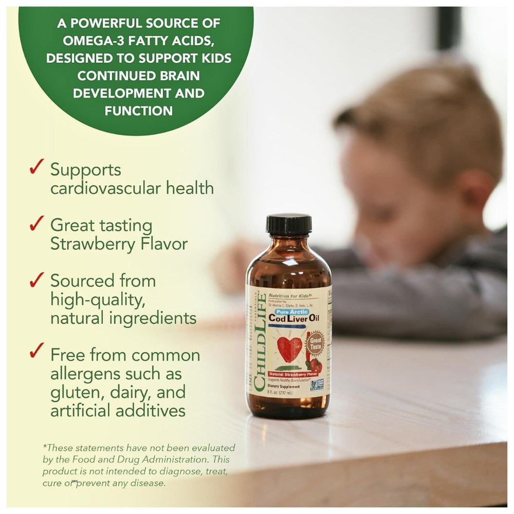 ChildLife Essentials Cod Liver Fish Oil With DHA, EPA, Omega-3 Fatty Acid For Kids. From Babies 6+ Months, For Brain Development, Immunity- Strawberry Flavor, 8 fl oz Exp: - Image 5