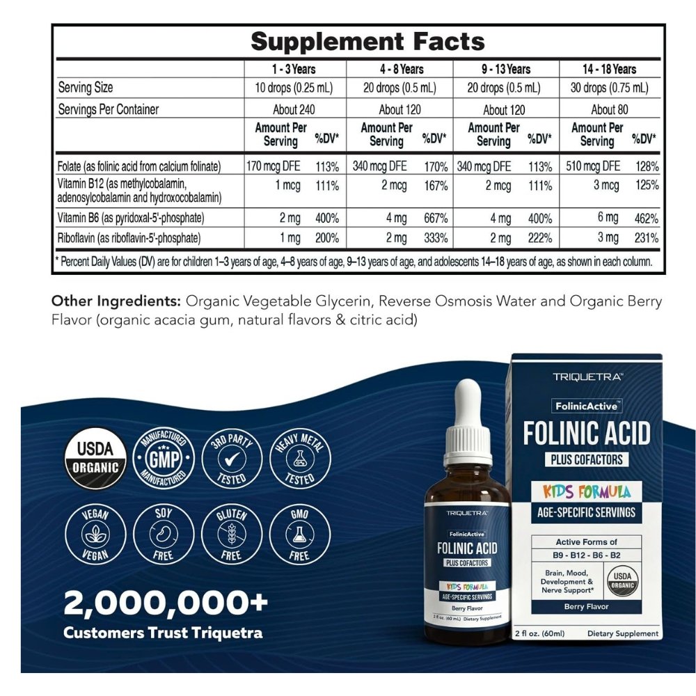 Triquetra Folinic Acid, Biologically Active Form of Folate, B2, B6 B12,1360mcg. Supports Speech, Focus, Behaviour, Heart, Brain Health & Energy --60 mls Exp:11/27 - Image 7