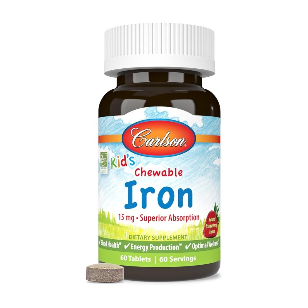 Carlson Kid's Chewable Iron, 15 mg With Superior Absorption Ferrous Glycinate. For Blood Health, Energy Production & Optimal Wellness, Natural Strawberry Flavor, 60 Tablets Exp: