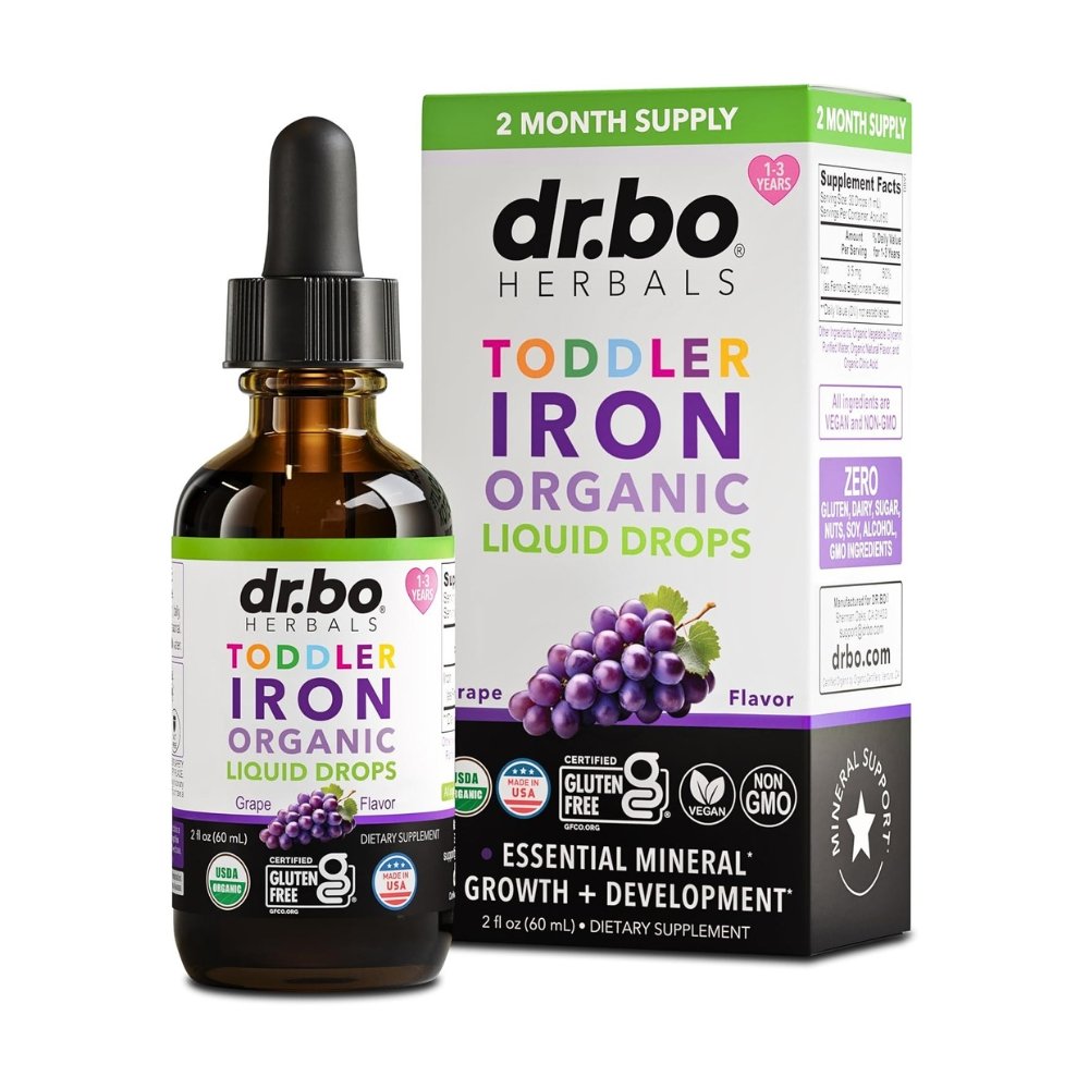 Dr Bo's Organic Iron Drops, Ferrous Bisglycinate 3.5mg, For Infants, Toddlers & Kids . Support For Growth, Brain Development & Energy, Berry Flavor, 60mls Exp: 04/2028