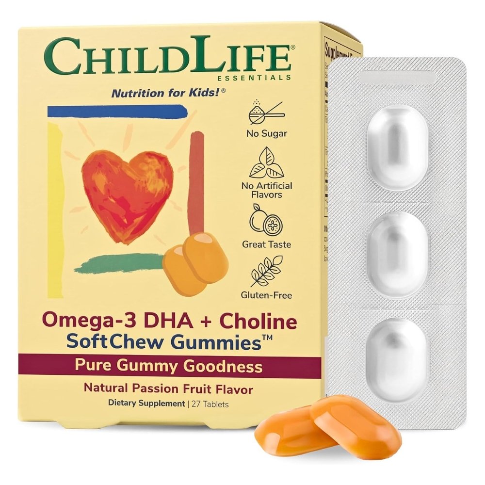 ChildLife Essentials Choline & Omega-3 DHA SoftChew Gummies. For Brain, Nervous System Health, Speech & Focus. Natural Passion Fruit Flavor, 27 Tablets Exp: 09/2027