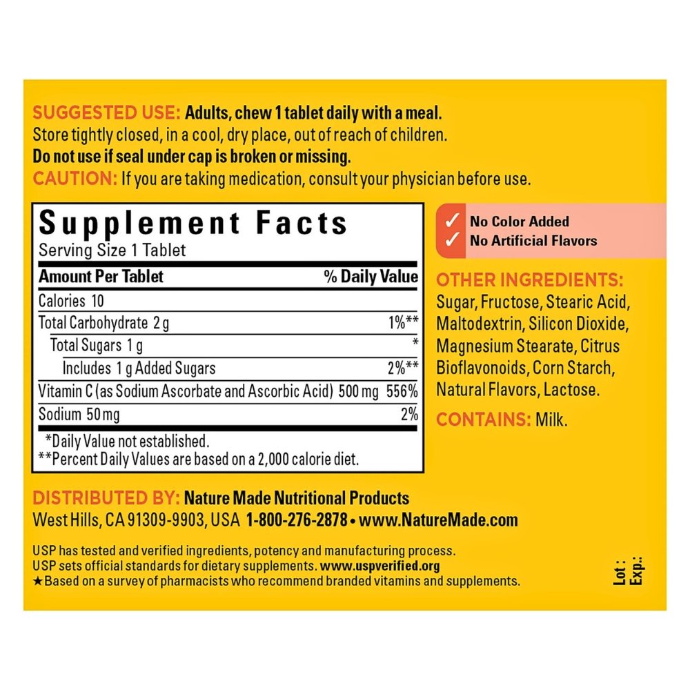 Nature made Vitamin C, 500MG. For Daily Immune Support, Antioxidant Function, Collagen, Well Aging - 60 Tablets Exp: 01/2028 - Image 2