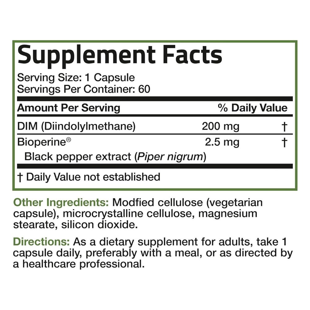 Bronson Diindolylmethane (DIM) Plus BioPerine 200MG. Support For Healthy Estrogen Balance & Wellness. 60 Capsules Exp: 08/2027 - Image 2