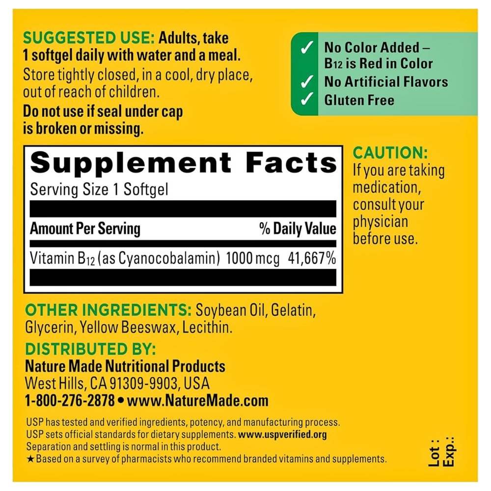 Nature Made Vitamin B12, 1000 mcg. For Energy, Metabolism Support, Nerve Health. 90 Softgels, |3 Months Supply| Exp: 01/2029 - Image 2