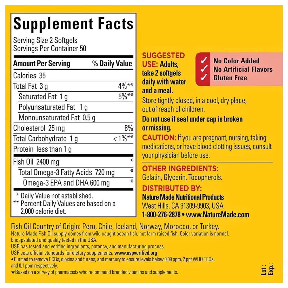 Nature Made Omega 3 Fish Oil, 1200mg. Support For Heart, Brain, Eye & Optimal Wellness, 100 Softgels Exp: 01/2029 - Image 2