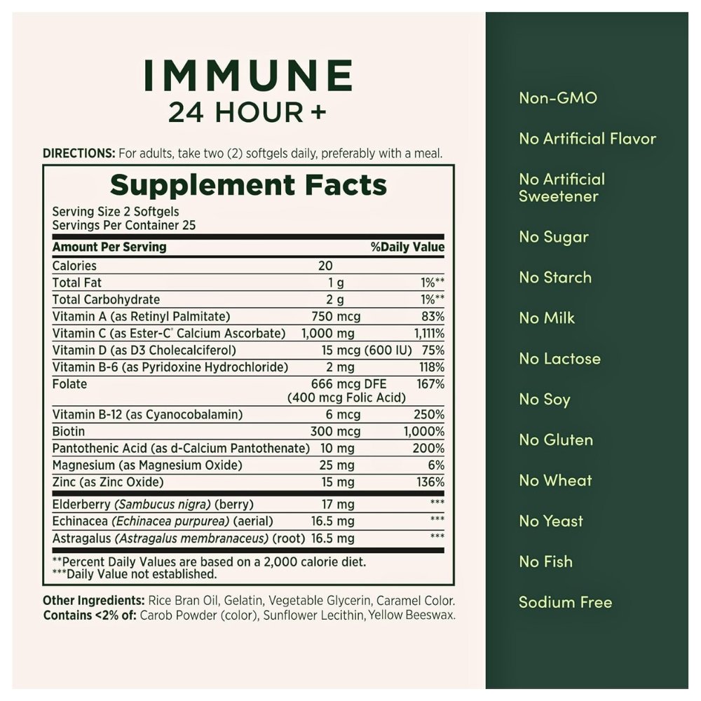 Nature's Bounty Immune 24 Hour +, With Ester-C, 1000 mg Vitamin C, D & Zinc. For Immune, Antioxidant & Respiratory Health, 50 Rapid Release Softgels. Exp: 09/2027 - Image 2