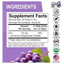 Alternative view of Dr Bo's Organic Iron Drops, Ferrous Bisglycinate 3.5mg, For  Infants, Toddlers & Kids . Support For Growth, Brain Development & Energy,  Berry Flavor,      60mls                Exp: 04/2028