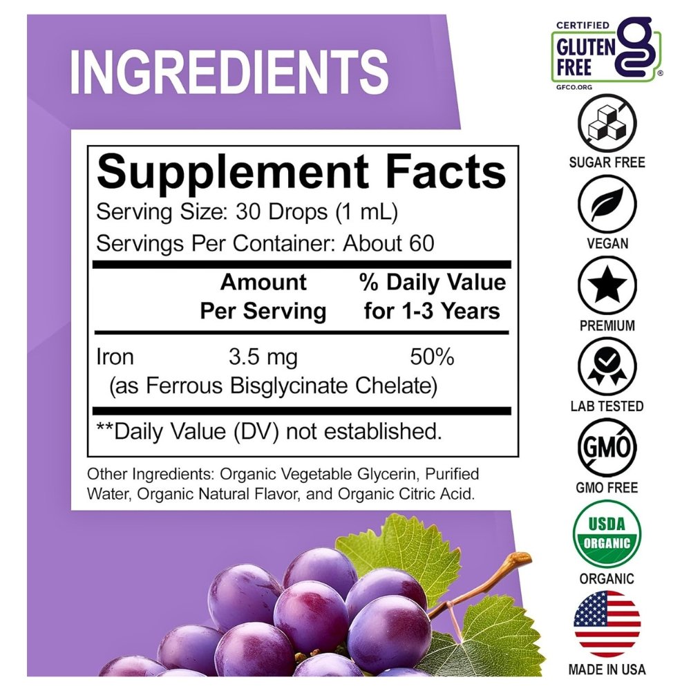 Dr Bo's Organic Iron Drops, Ferrous Bisglycinate 3.5mg, For Infants, Toddlers & Kids . Support For Growth, Brain Development & Energy, Berry Flavor, 60mls Exp: 04/2028 - Image 2