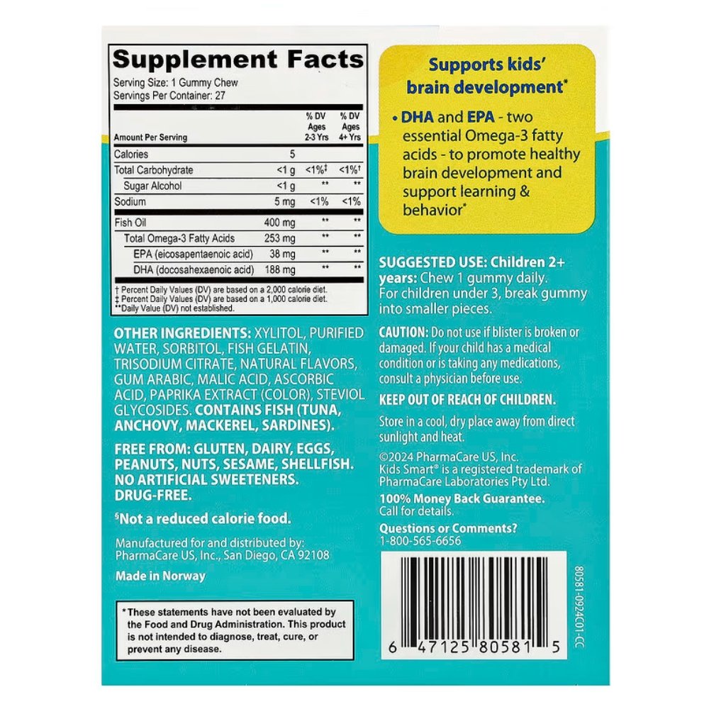 Kids Smart Brain Booster Omega-3 DHA & EPA Gummies For Kids 2+, Sugar Free. Supports Focus, Memory, Learning & Behaviour 27 Gummies Exp: 12/2027 - Image 2