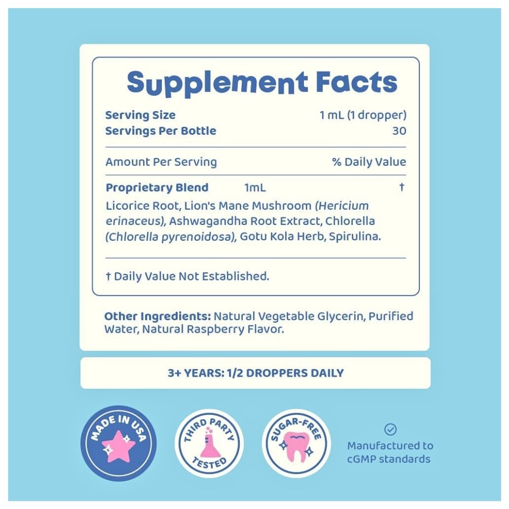 JoySpring Lingo Leap Lions Mane Kids Liquid Drops With Gotu Kola & Ashwagandha. For Focus, Cognitive & Brain Support |Raspberry Flavor| 30 Servings, 30mls Exp: - Image 2