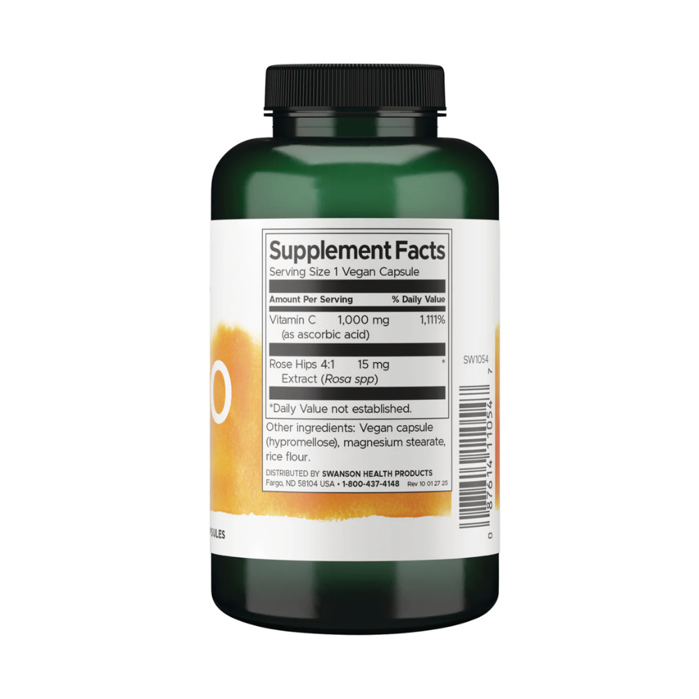 Swanson C-1000 Vitamin C With Rosehips, 1000MG. For Antioxidant, Immune, Skin Support 90 Capsules. Exp: 02/2028 - Image 2
